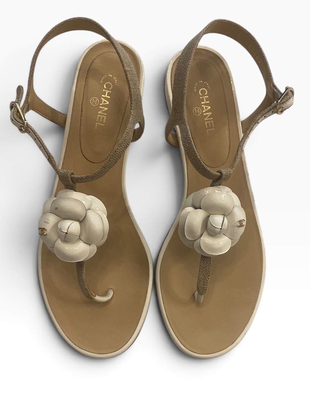 Chanel Women’s Camellia Thong Sandals Flower White Tan Size 41 with box